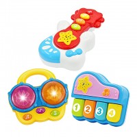 Portable Set of 3 Piano Bongo Drums and Guitar Educational Baby Toy For Music Learning For Ages 18 Months to 4 Years