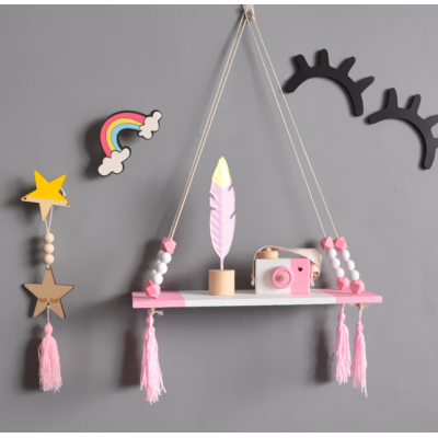 Wholesales Wooden Wall Decoration Storage Shelf for Kids Room Pine Wood Hanging Rack With Tassels