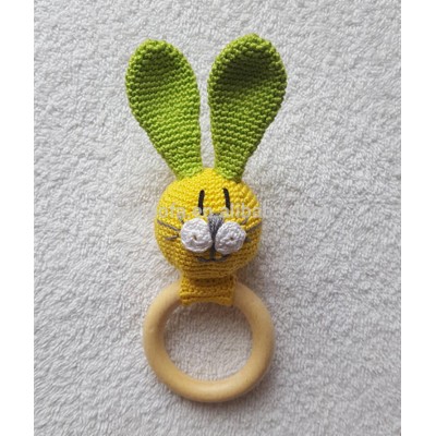 Wholesales Baby Wooden Ring Rattle Rabbit Toys 100% Handmade Crochet Bunny Teether toy