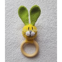 Wholesales Baby Wooden Ring Rattle Rabbit Toys 100% Handmade Crochet Bunny Teether toy