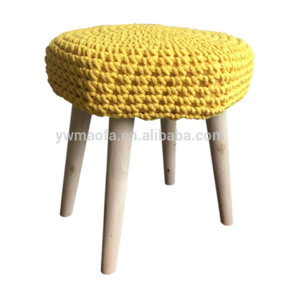 Wholesales Square Wooden Foot Stool With Crochet Cotton Cover Top Handmade Knitted Pouf Ottoman