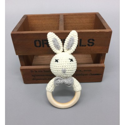 Wholesales Baby Wooden Ring Rattle Toys Crochet Bunny Design Rattles