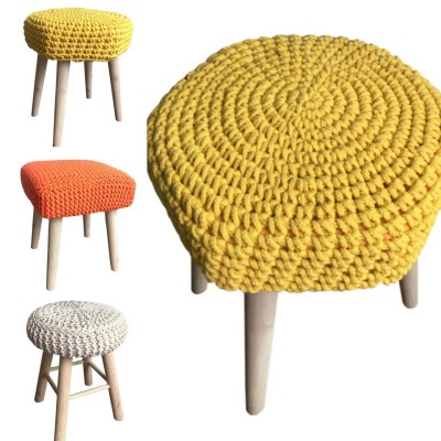 Manufacturer of Wooden Foot Stool With Crochet Cotton Pouf Handmade Knitted Pouf Ottoman