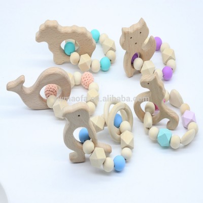 Wholesales DIY Baby Silicone Beads Bracelet With Animal Pendant Organic Wooden Chewing Teether Toys