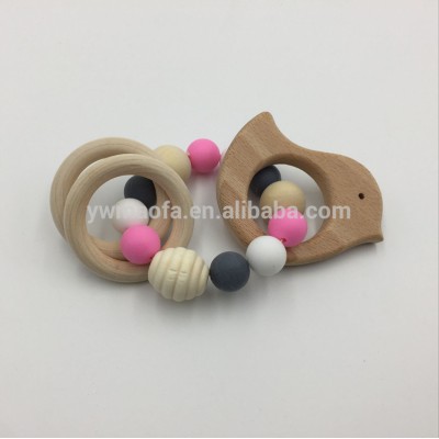 Wholesales DIY Wooden Baby Teether Animal Birds Shaped Silicone Beads Teething Toys