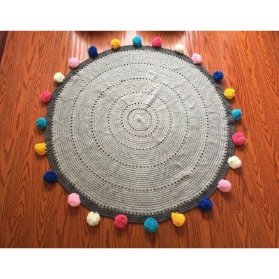 47x47 inches Big Round Baby Crochet Rug Colored Pompom Tassel Cotton Play Rug