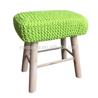 Wholesales Home Furniture Square Handmade Crochet Wooden Stool Pouf Ottoman