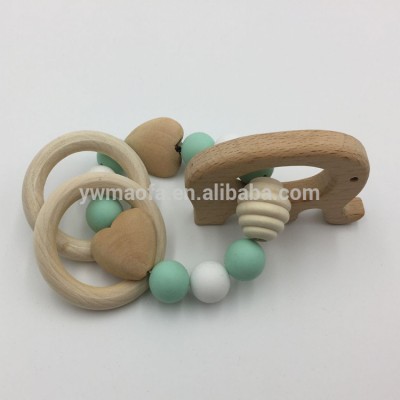 Factory-direct Sales DIY Baby Beach Wooden ElephAnt Shaped Teether Infant Silicone Beads Teething Toys