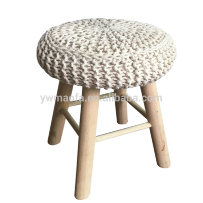 Wholesales Round Wooden Foot Stool With Crochet Knitted Cotton Cover Pouf Ottoman Furniture