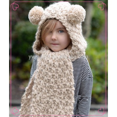 Knitted Baby Hooded Scarf with Animal Ears Winter Hoodie in Hand Knit Scarf with Hood and Ears