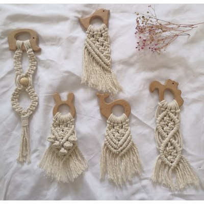 Wholesales New Design Baby Animal Natural Handmade Macrame Wood Teether Best Newborn Gift